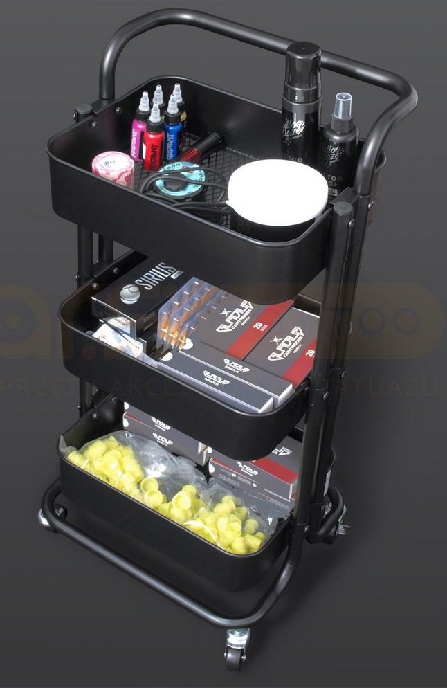 Arbeitswagen rollbar, drei Ebenen, mattschwarz
