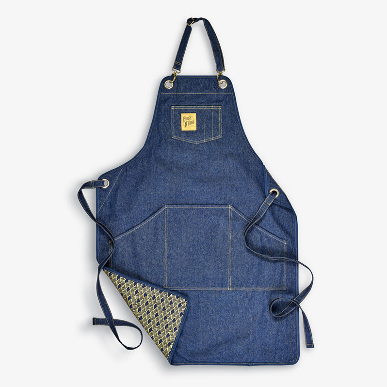 Denim-Schürze, verstellbare Nackengurte, Goldnähte