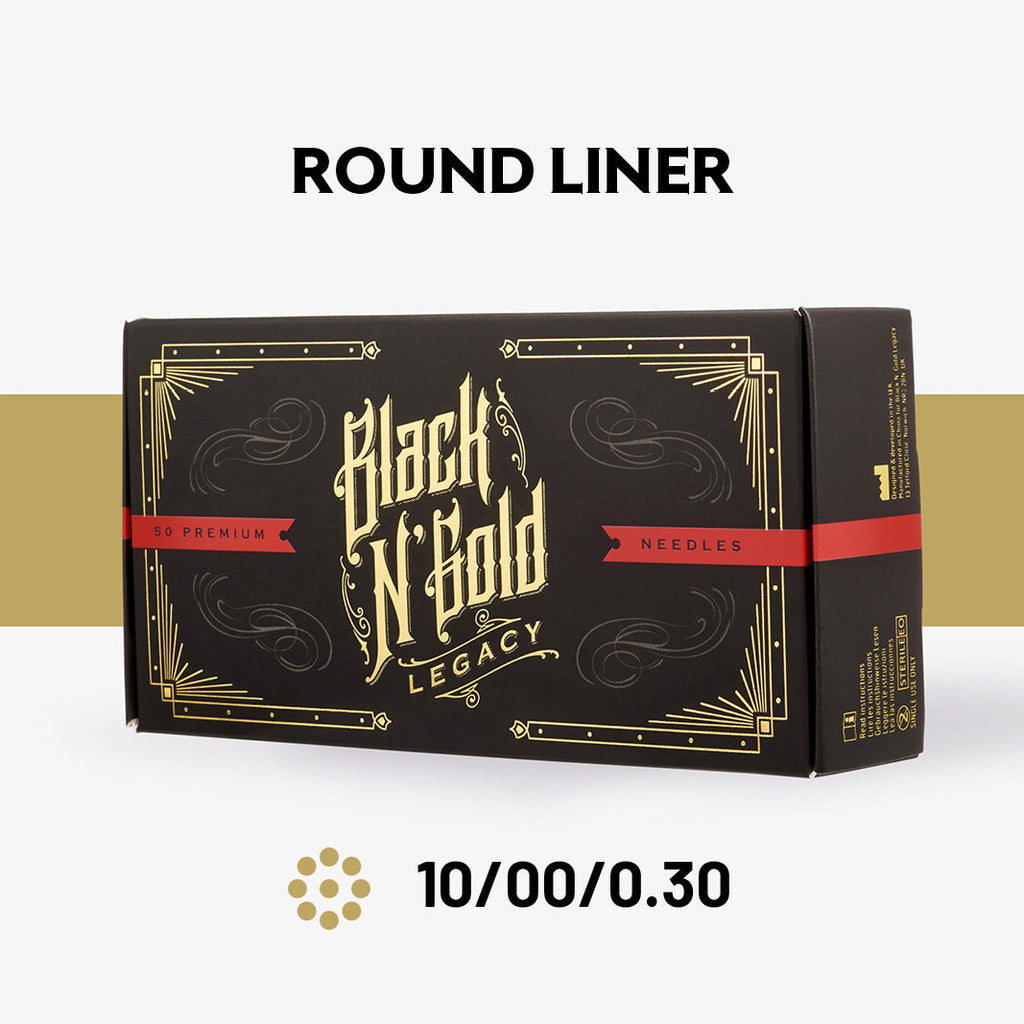 Black n' Gold Legacy - TIGHT Round Liner Long Taper Tattoo Needles (10/0.30) - Super Sale