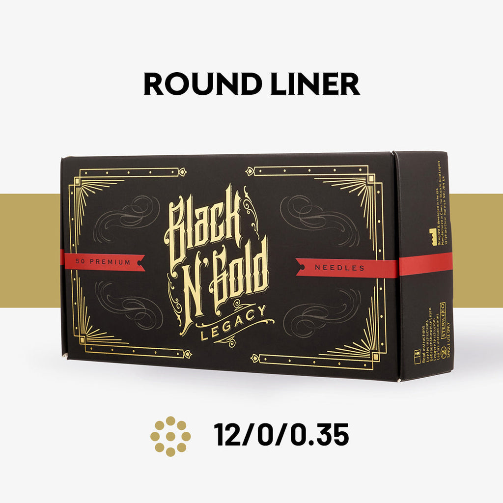 Black n' Gold Legacy - Round Liner Long Taper Tattoo Needles (12/0.35) - Super Sale