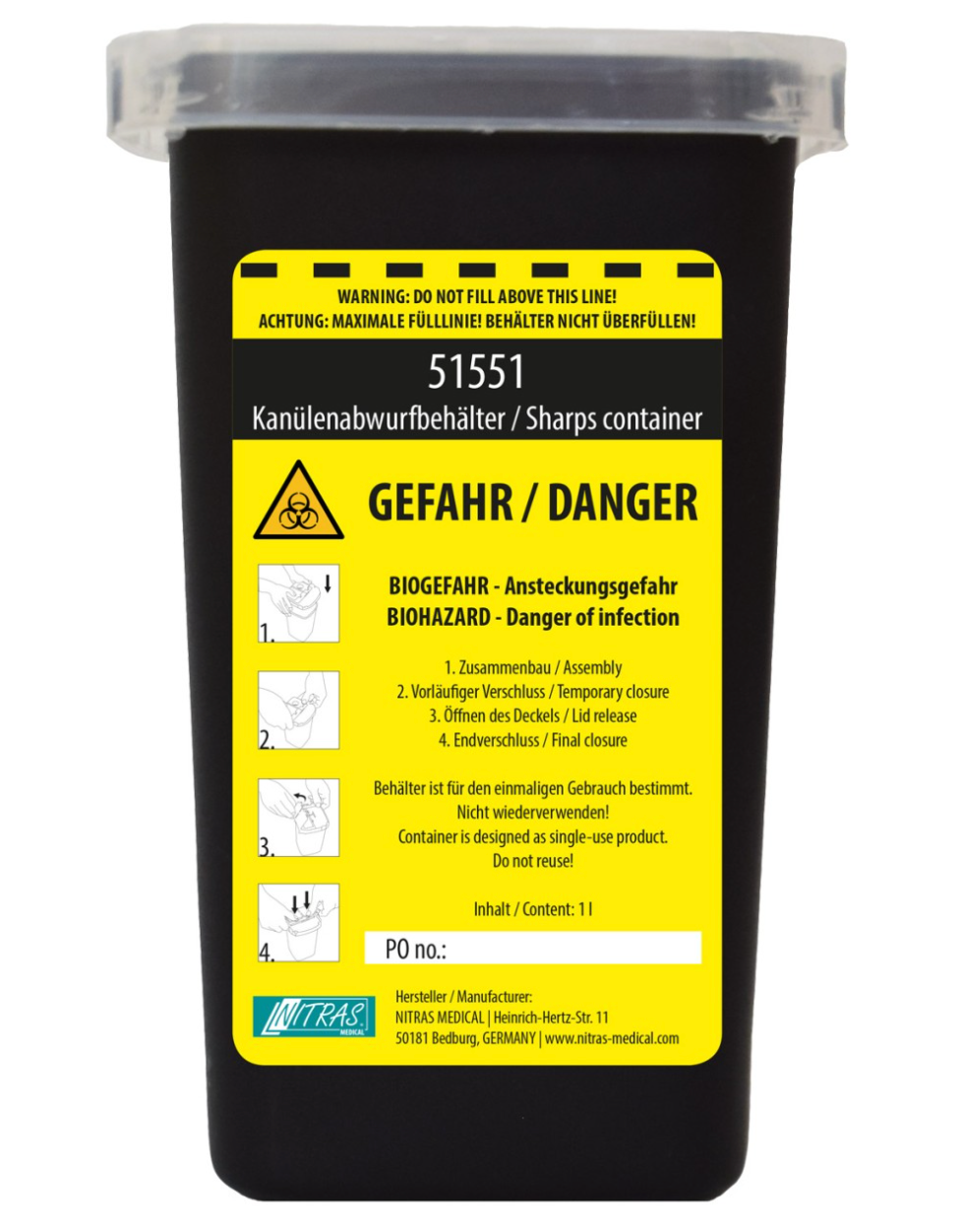 Kanülenabwurfbehälter 1 Liter, für gebrauchte Nadeln